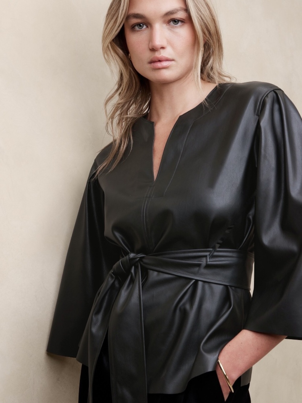 Banana Republic Vegan Leather Wrap Blouse Black | Belted Faux Leather Top NWT Si